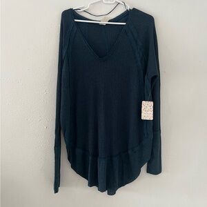We The Free Dark Teal V‑Neck Long Sleeve Ribbed Top
